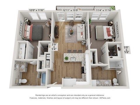 Floor plan for 2 beds, 2 baths, 993 sqft
